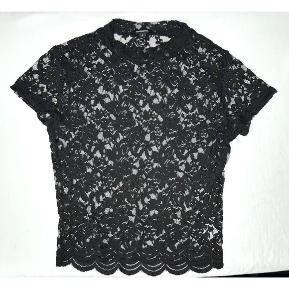90's Ambiance Shirt Womens S Black Lace Sheer Cap Sleeve Scallop Hem Crop Top - Picture 9 of 14